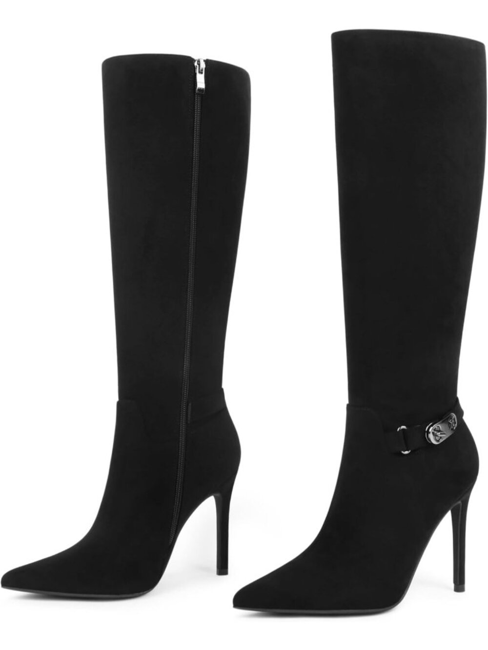 Women's Black Faux Suede Pointed Toe Stiletto Fashionable Knee High Boots